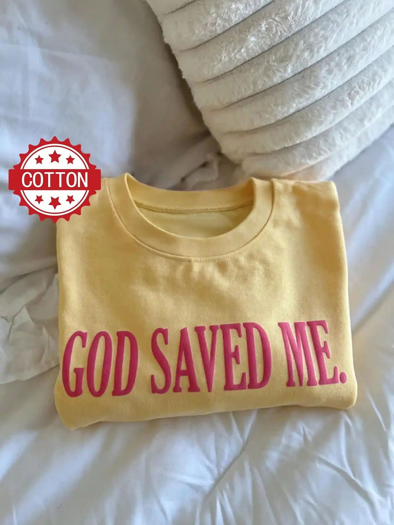 Yellow Cotton T-Shirt with Pink 'GOD SAVED ME.' Print, Round Neck, Casual Religious Graphic Tee for Women
Yellow Cotton T-Shirt with Pink 'GOD SAVED ME.' Print, Round Neck, Casual Religious Graphic Tee for Women