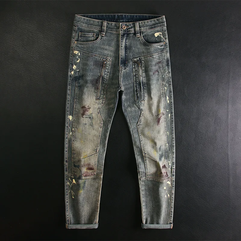 Splicing motorcycle jeans, men's graffiti splashed ink elastic slim fit, small feet, retro nostalgic trend pants
Splicing motorcycle jeans, men's graffiti splashed ink elastic slim fit, small feet, retro nostalgic trend pants