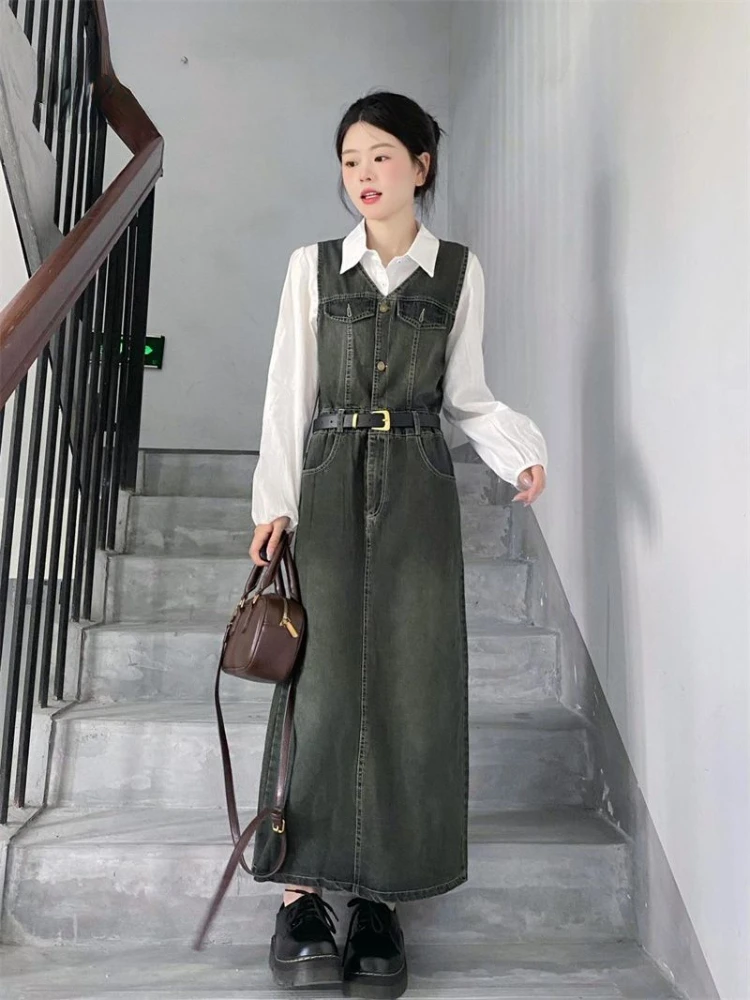 American Vintage Matching Sets Long Sleeve White Blouses V Neck Sleeveless Denim Dress Female Slim Spring Autumn Women Clothing
American Vintage Matching Sets Long Sleeve White Blouses V Neck Sleeveless Denim Dress Female Slim Spring Autumn Women Clothing