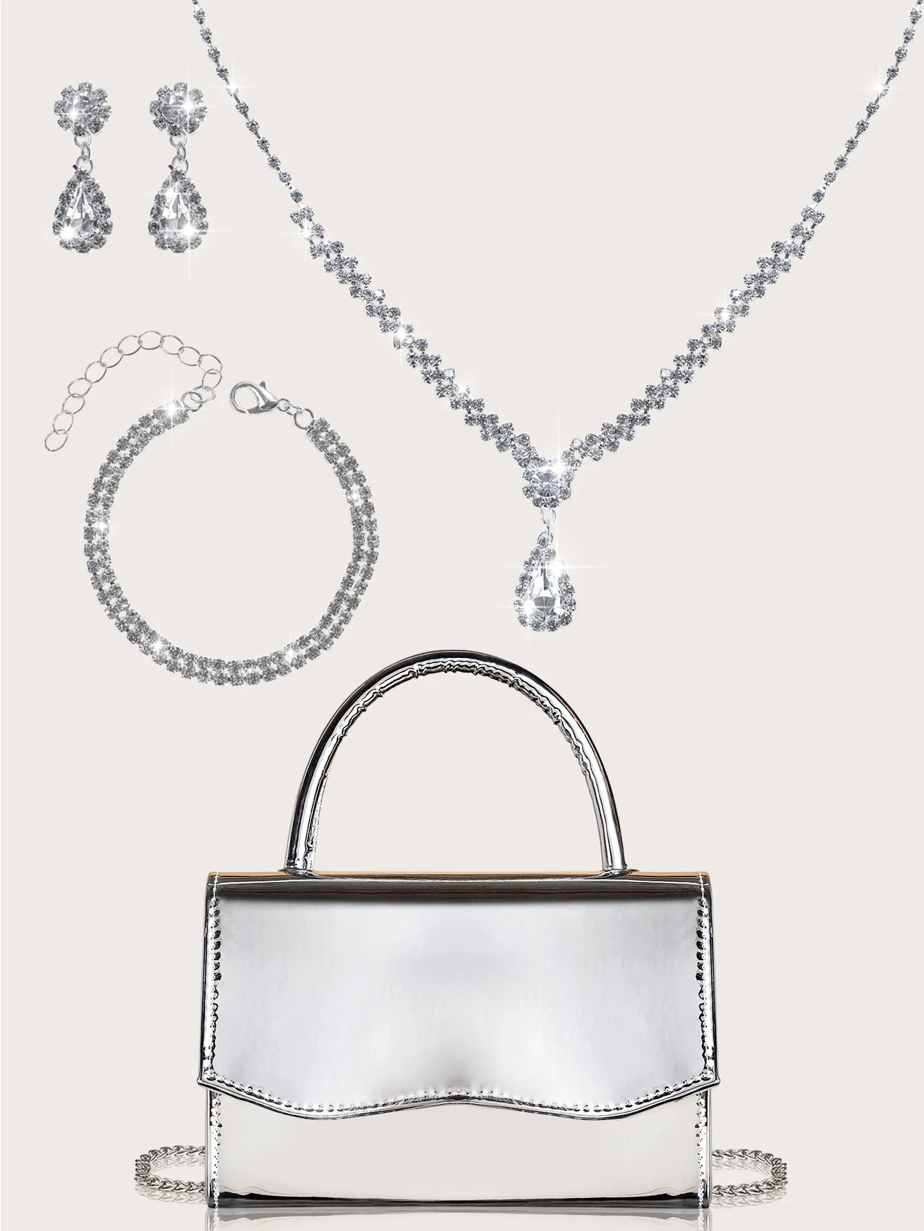 A gorgeous and romantic mirrored party tote bag for women, paired with a rhinestone necklace, earrings and bracelet 4-piece set.
A gorgeous and romantic mirrored party tote bag for women, paired with a rhinestone necklace, earrings and bracelet 4-piece set.