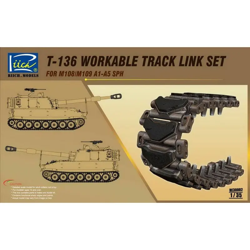 Riich Models RE30002 1/35 T-136 Workable Track Link Set For M108/M109A1-A5 SPH - Scale Model Kit
Riich Models RE30002 1/35 T-136 Workable Track Link Set For M108/M109A1-A5 SPH - Scale Model Kit