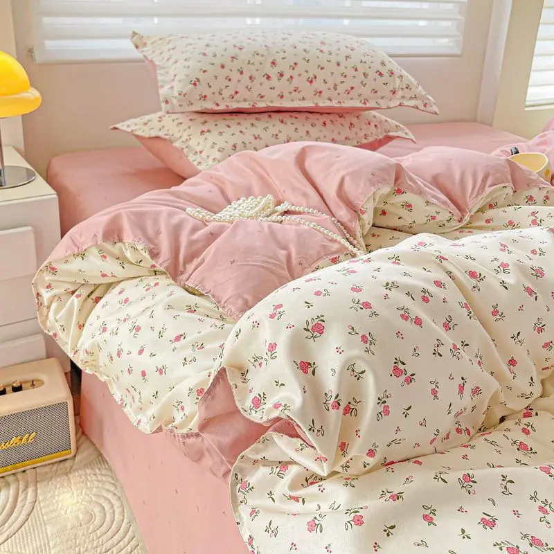 2026 Новый комплект постельного белья с цветами и медведем, пододеяльник, плоская простыня, наволочка, мягкая одеяло для девочек и мальчиков, двойное полноразмерное одеяло без наполнителя