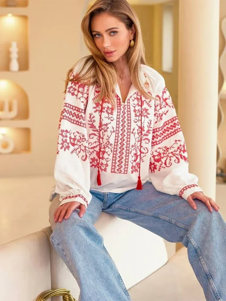 Women Chic Ethnic Blouse Shirt Puff Sleeve Lace-up Floral Porinted Autumn Elegant Boho Vintage Long Sleeve Shirts Blouse Tops 
Women Chic Ethnic Blouse Shirt Puff Sleeve Lace-up Floral Porinted Autumn Elegant Boho Vintage Long Sleeve Shirts Blouse Tops