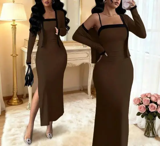 Women's 2-Piece Summer New French Elegant Sexy Fashion Color Blocked Long Sleeved Jacket Sleeveless Hip Bag Suspender Dress Set
Women's 2-Piece Summer New French Elegant Sexy Fashion Color Blocked Long Sleeved Jacket Sleeveless Hip Bag Suspender Dress Set