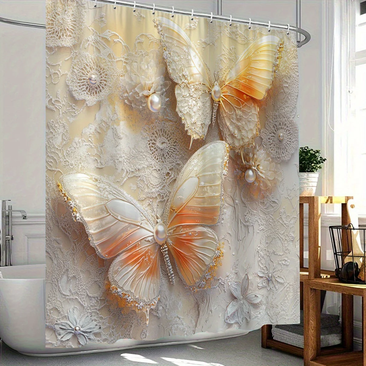 1 Элегантная кружевная занавеска для душа с бабочкой — полиэфирная ткань с крючком, белый и оранжевый изысканный дизайн с цифровой 3D-печатью
1 Элегантная кружевная занавеска для душа с бабочкой — полиэфирная ткань с крючком, белый и оранжевый изысканный дизайн с цифровой 3D-печатью