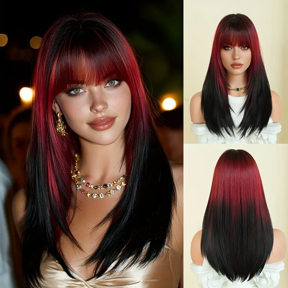 Women's deep-rooted red to black gradient straight wig - synthetic fiber, 26 inches long, suitable for everyday wear and occasio
Women's deep-rooted red to black gradient straight wig - synthetic fiber, 26 inches long, suitable for everyday wear and occasio