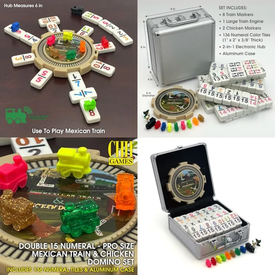 Double 15 Numeral Pro Size Mexican Train Chicken Domino Set in Aluminum Case 136 Multicolor Tiles Complete Set with Train Marke
Double 15 Numeral Pro Size Mexican Train Chicken Domino Set in Aluminum Case 136 Multicolor Tiles Complete Set with Train Marke