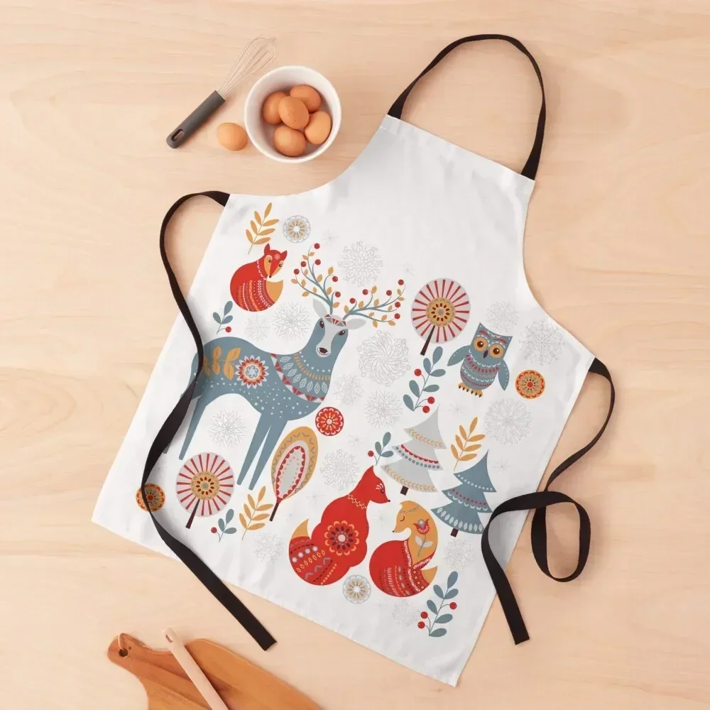 Scandinavian Christmas pattern on a red background. Deer, owls, foxes, trees and grass, snowflakes. Folklore style. Apron
Scandinavian Christmas pattern on a red background. Deer, owls, foxes, trees and grass, snowflakes. Folklore style. Apron