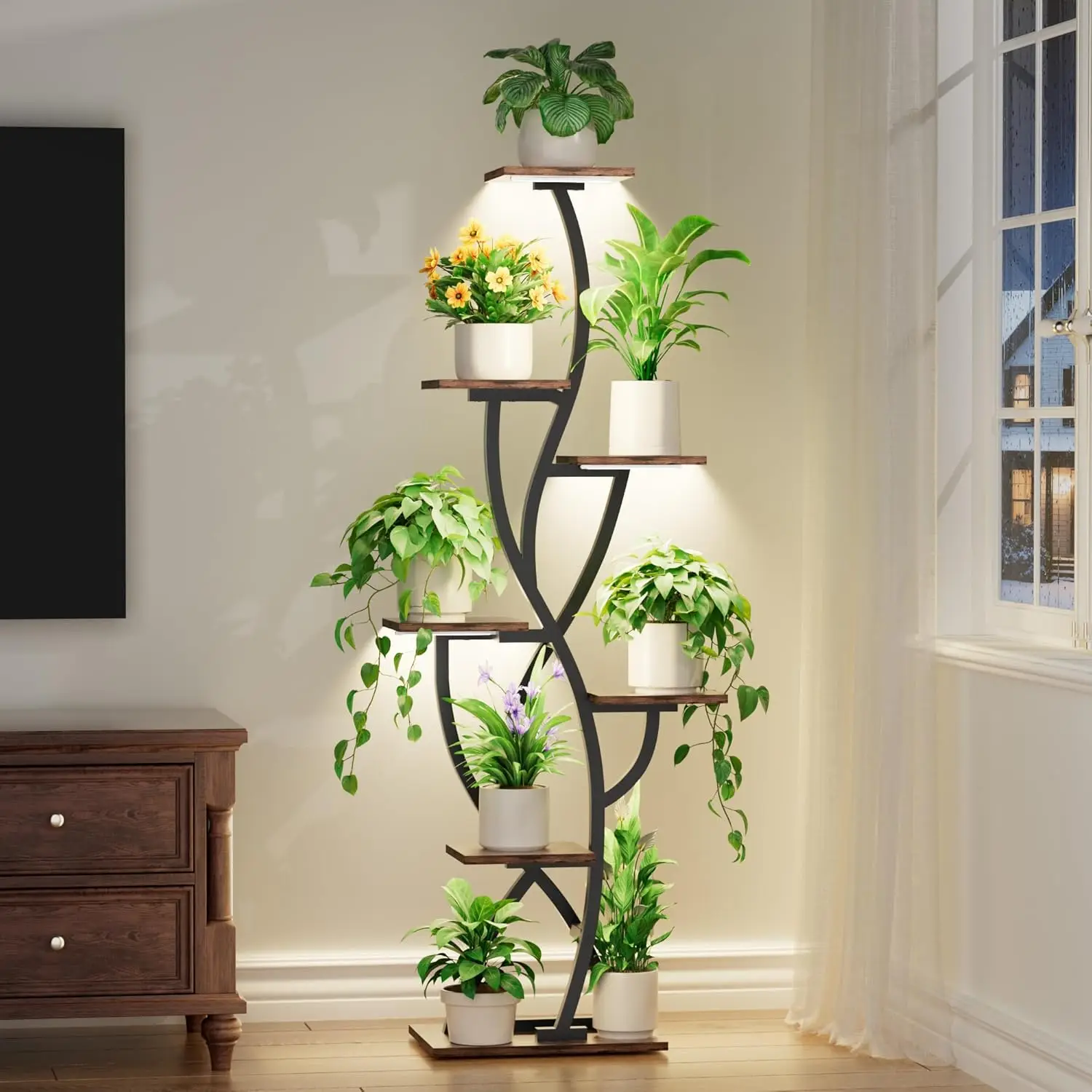 7-Tier Corner Plant Stand with Grow Lights, 58" Tall Indoor Plant Shelf, Black Metal & Wood, Full Spectrum LED Timer
7-Tier Corner Plant Stand with Grow Lights, 58" Tall Indoor Plant Shelf, Black Metal & Wood, Full Spectrum LED Timer