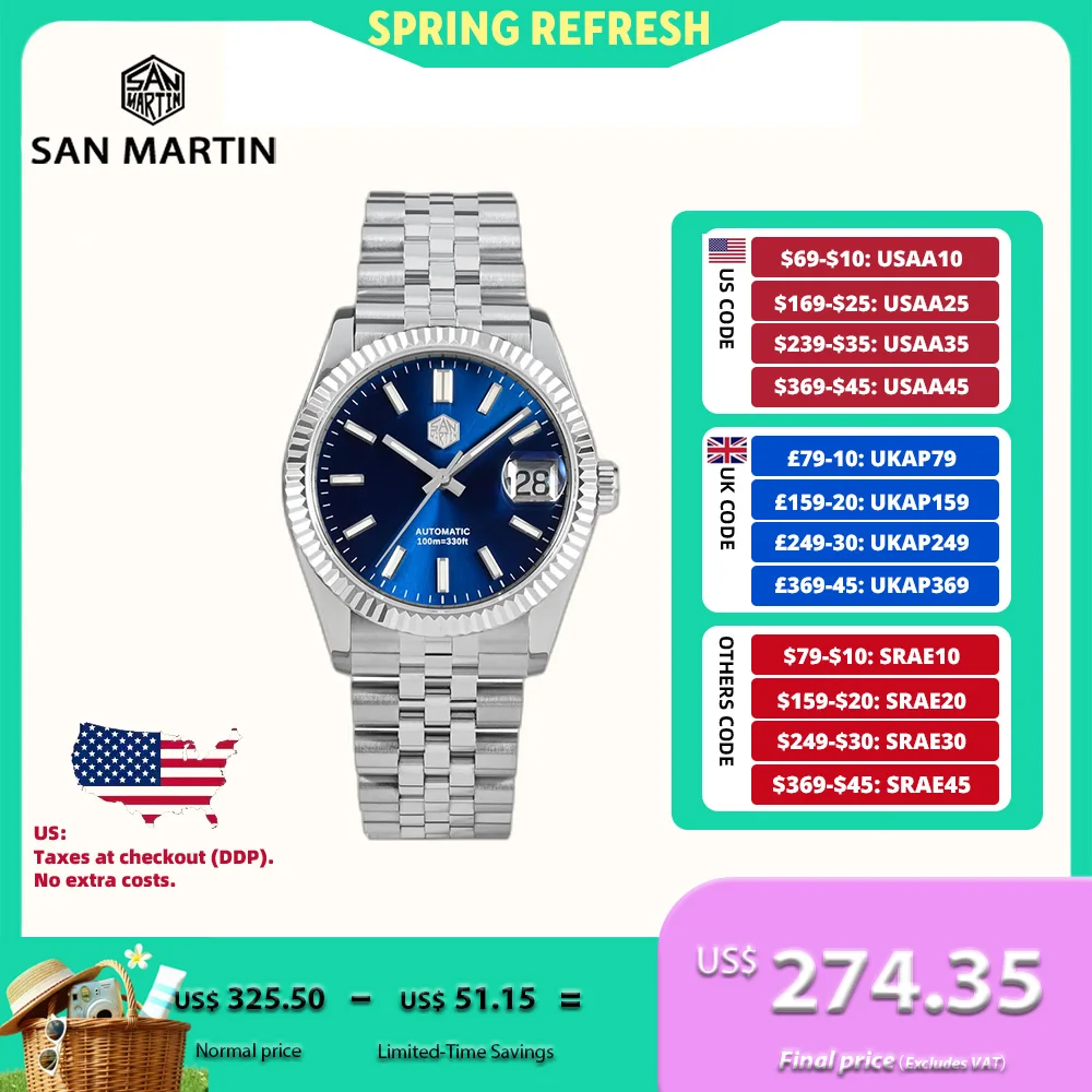 San Martin Watch For Men Mechanical Watches Waterproof 36.5mm Wristwatch Luxury Automatic Date Sapphire Glass Lume 10Bar SN0058x
San Martin Watch For Men Mechanical Watches Waterproof 36.5mm Wristwatch Luxury Automatic Date Sapphire Glass Lume 10Bar SN0058x