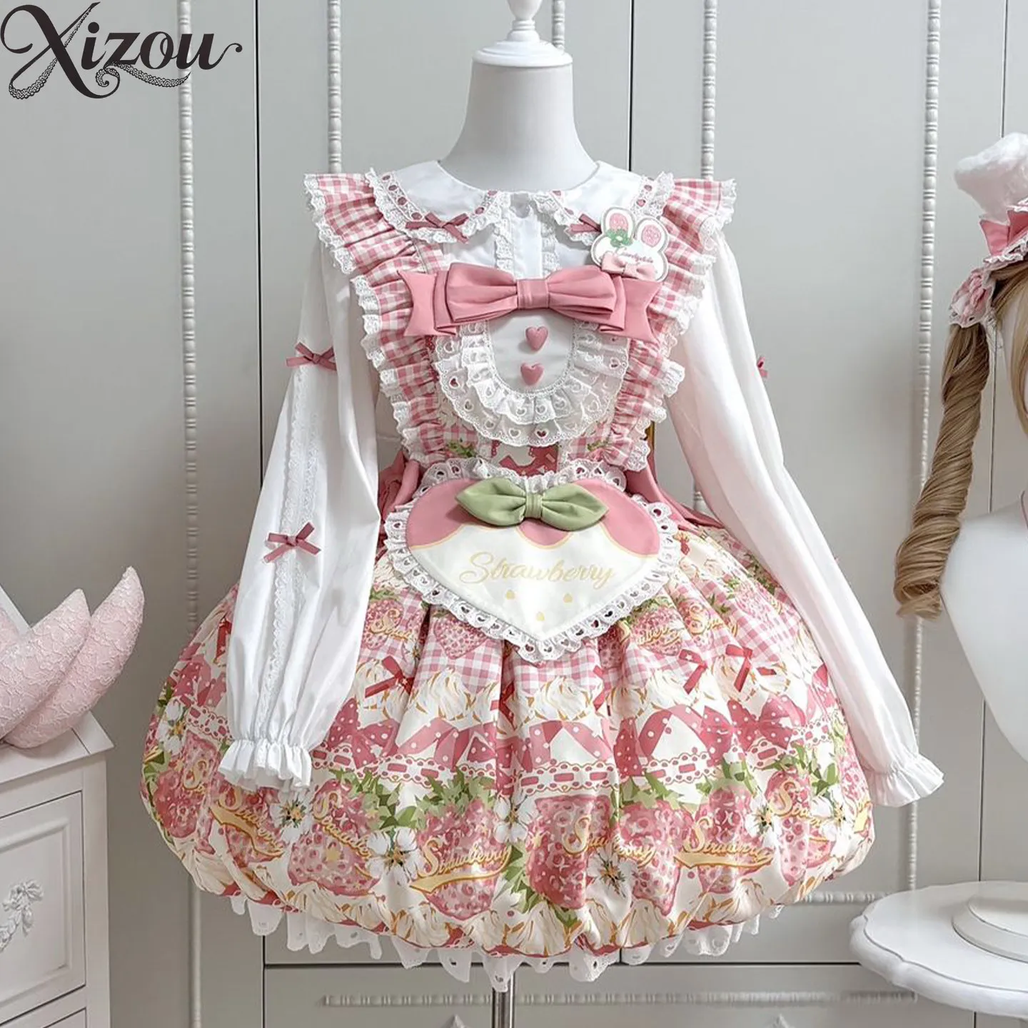 Women Pink Strawberry Print Lolita JSK Dress Ruffle Peter Pan Collar Big Bow Heart Apron Puff Bud Skirt Sweet Kawaii Outfit
Women Pink Strawberry Print Lolita JSK Dress Ruffle Peter Pan Collar Big Bow Heart Apron Puff Bud Skirt Sweet Kawaii Outfit