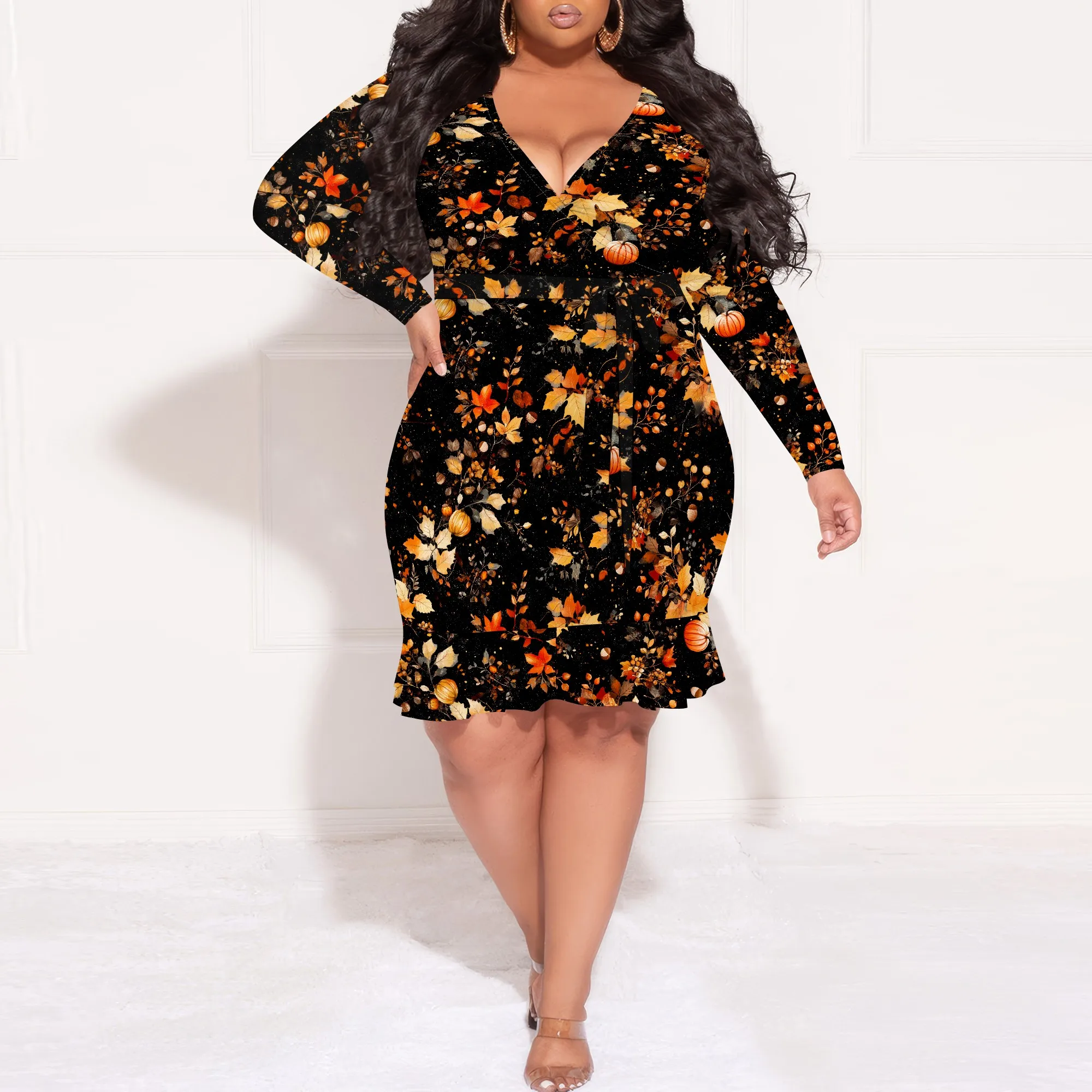 Autumn Floral Print Long Sleeve V Neck Mini Dress for Plus Size Women Elegant Tie Waist Holiday Outfit
Autumn Floral Print Long Sleeve V Neck Mini Dress for Plus Size Women Elegant Tie Waist Holiday Outfit