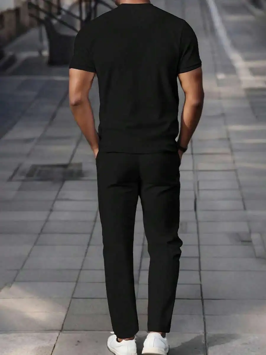 Mens Casual Solid Color Short Sleeve T-Shirt And Pants Set Black Two Piece Outfit
Mens Casual Solid Color Short Sleeve T-Shirt And Pants Set Black Two Piece Outfit