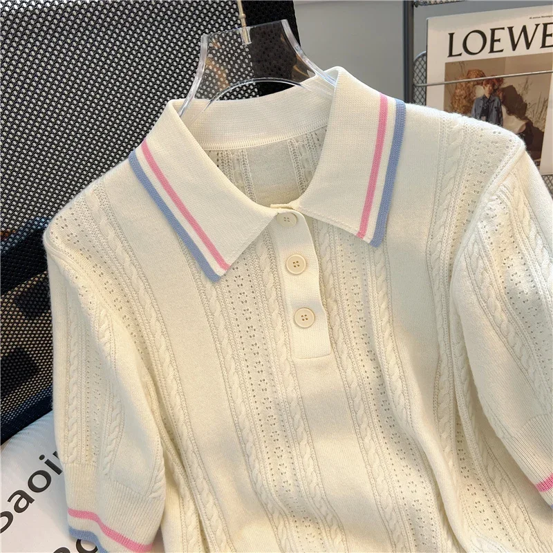 Polo Collar Pullover Sweater Women Knitted T-Shirt Spring Summer 2025 Loose Casual Short Sleeve Knitwear Sweet White Tops
Polo Collar Pullover Sweater Women Knitted T-Shirt Spring Summer 2025 Loose Casual Short Sleeve Knitwear Sweet White Tops