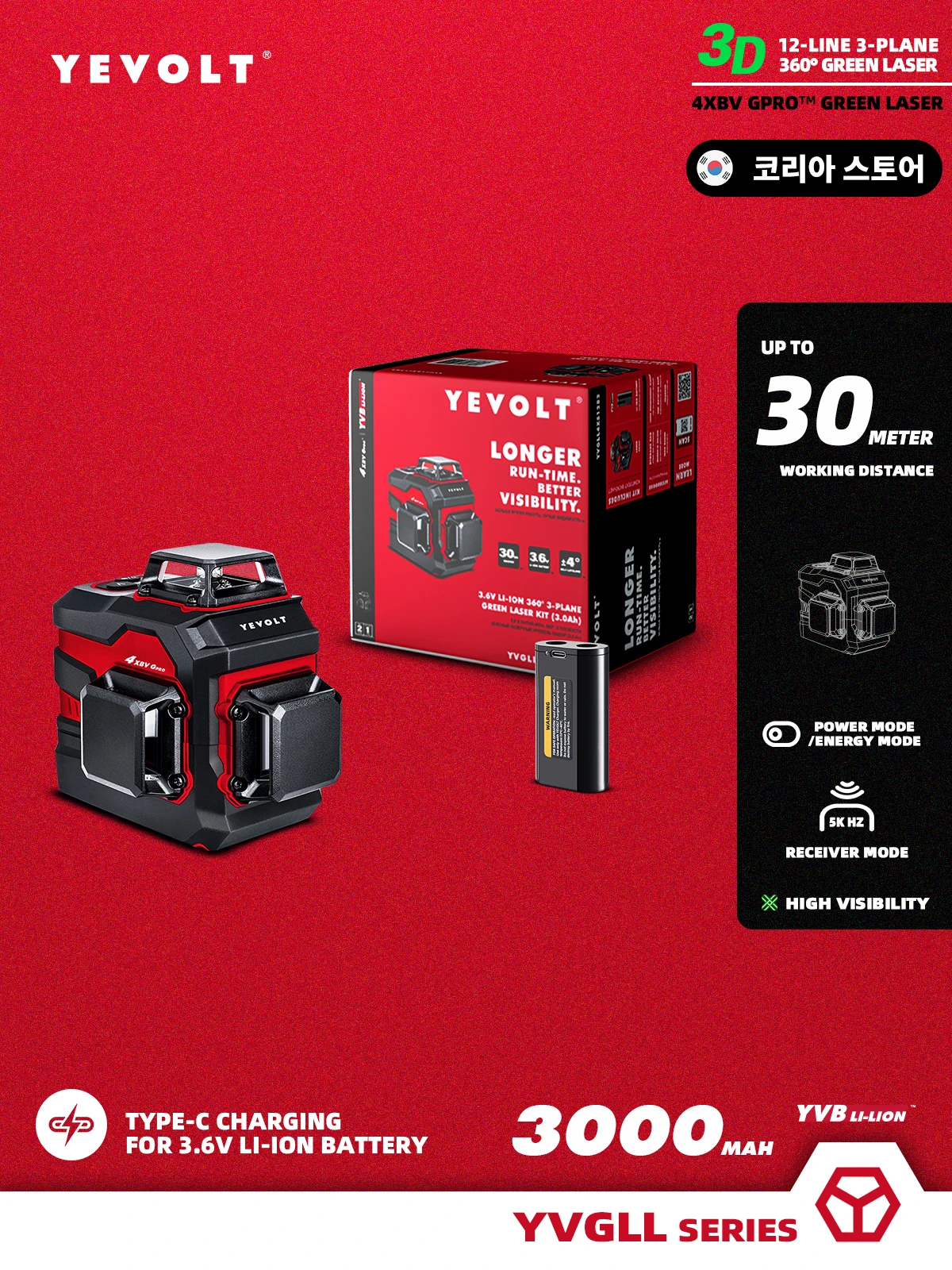 YEVOLT YVGLL4XS12 12-Line 360° 3-PLANE Green Laser Level-3000mAh Working Continuously 3D Self-Leveling Measurement Power Tools
YEVOLT YVGLL4XS12 12-Line 360° 3-PLANE Green Laser Level-3000mAh Working Continuously 3D Self-Leveling Measurement Power Tools