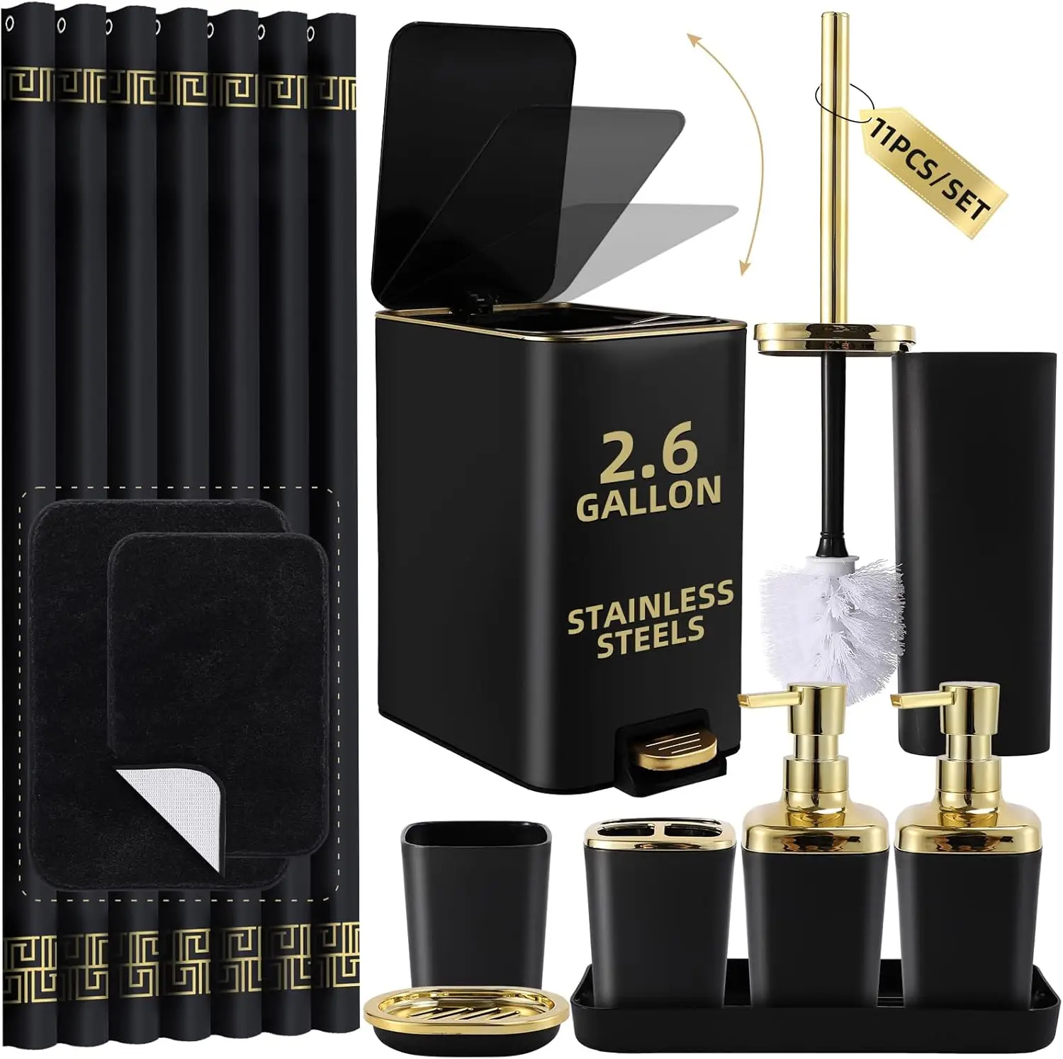 Complete Black Bathroom Set with Shower Curtain, Rugs, Soap Dispenser, Toilet Brush Holder & Stainless Steel Trash Can
Complete Black Bathroom Set with Shower Curtain, Rugs, Soap Dispenser, Toilet Brush Holder & Stainless Steel Trash Can