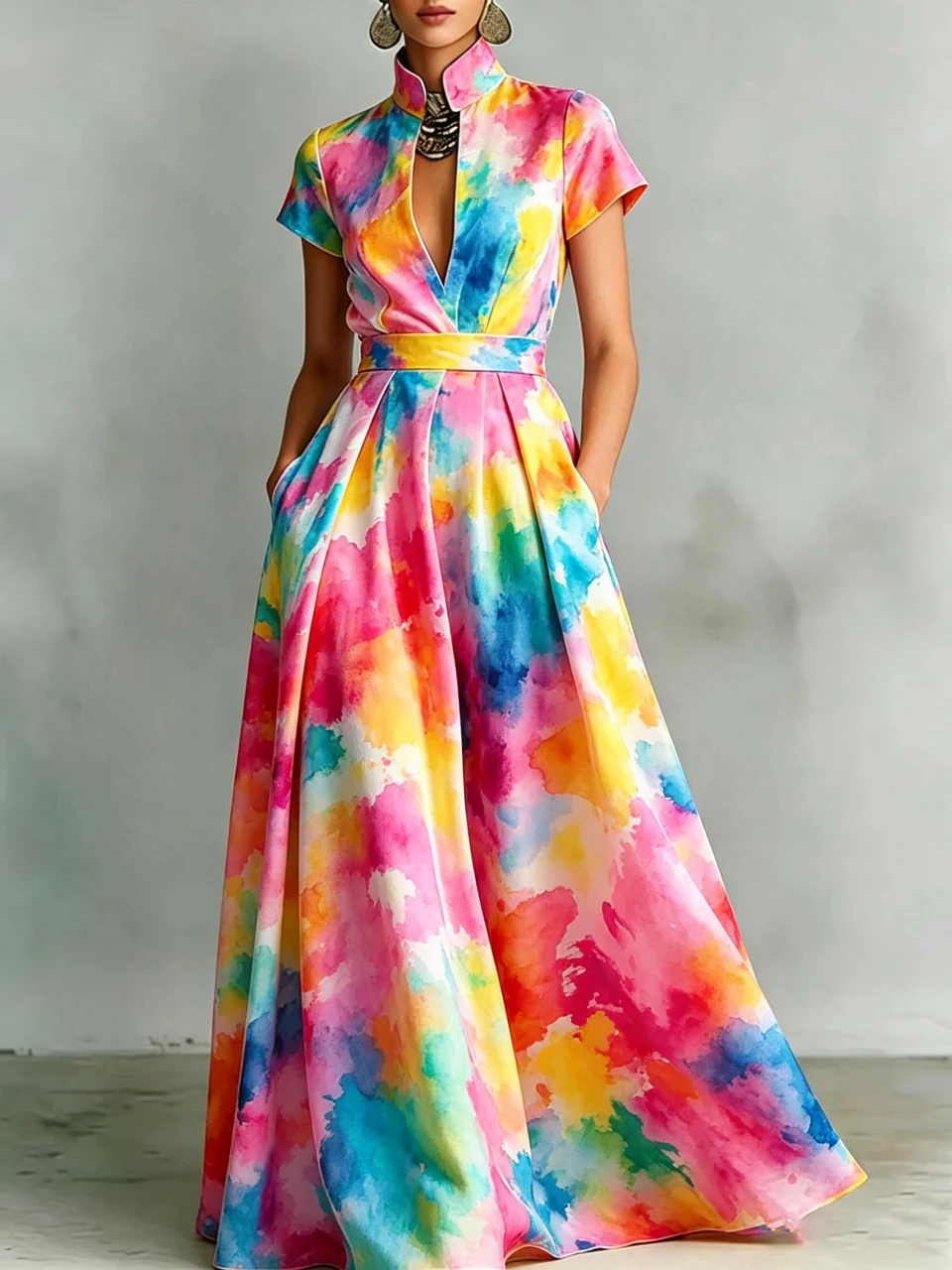 Women Watercolor Tie Dye Print Maxi Dress Stand Collar Short Sleeve High Waist A Line Wedding Guest Evening Party Long Vestidos
Women Watercolor Tie Dye Print Maxi Dress Stand Collar Short Sleeve High Waist A Line Wedding Guest Evening Party Long Vestidos