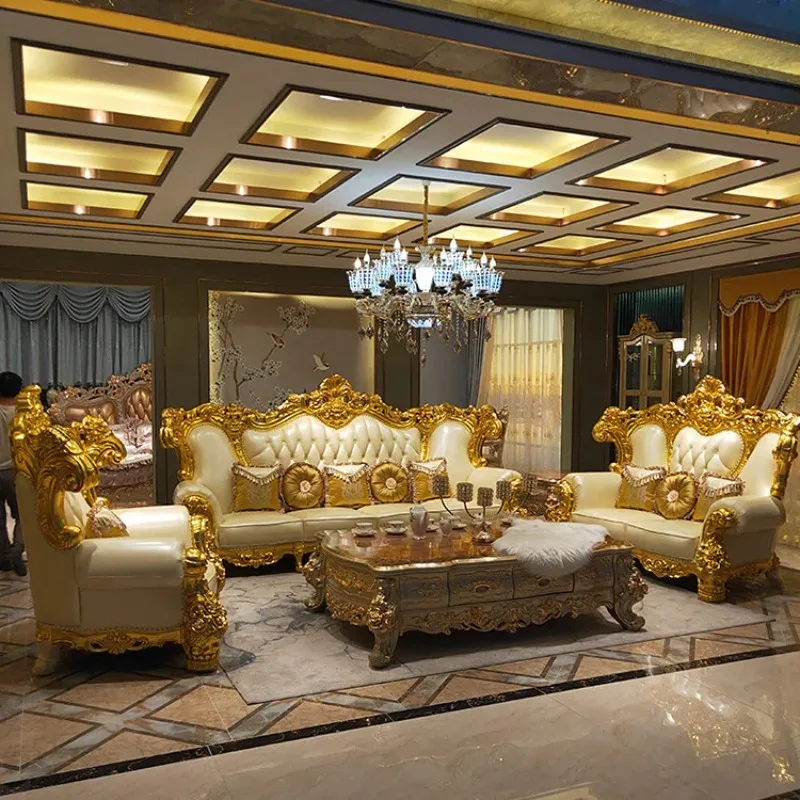 Modern Luxury Custom Gold Royal Wedding Home Living Room European Style Genuine Leather Wooden Sectional Combination Sofa
Modern Luxury Custom Gold Royal Wedding Home Living Room European Style Genuine Leather Wooden Sectional Combination Sofa