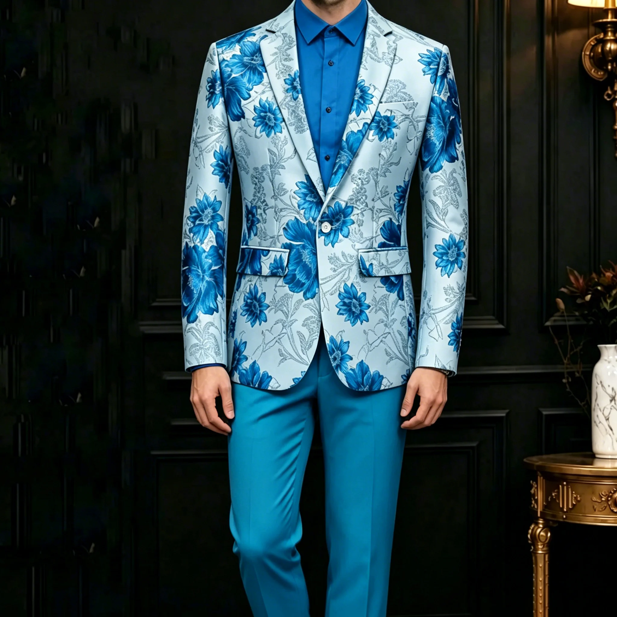 Men Suit 2 Pieces Blue Flower Pattern One Button Business Casual For Wedding Birthday Party Set Jacket And Pants
Men Suit 2 Pieces Blue Flower Pattern One Button Business Casual For Wedding Birthday Party Set Jacket And Pants