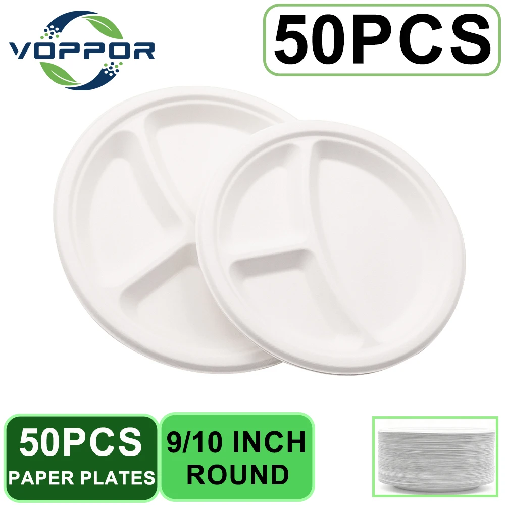 Voppor 9/10 Inch 50pcs Disposable Sugarcane Pulp 3-Compartment Plates Tableware Degradable Picnic Pizza Party Dishes Dinner
Voppor 9/10 Inch 50pcs Disposable Sugarcane Pulp 3-Compartment Plates Tableware Degradable Picnic Pizza Party Dishes Dinner