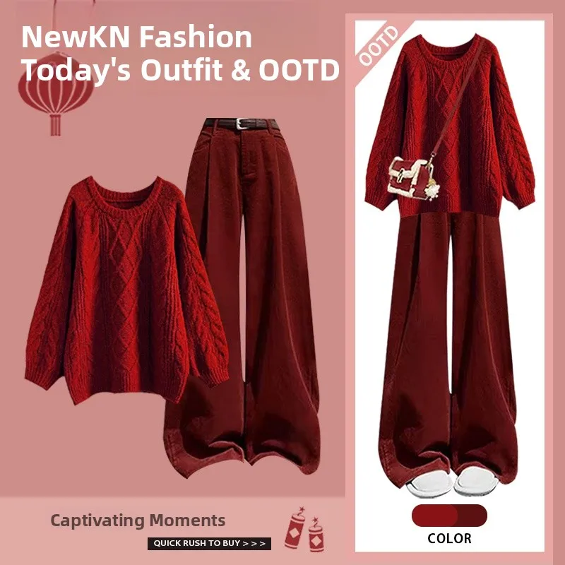 Soft Knitted Sweater And Wide Leg Pants Set in Red Loose Fit Slimming Fashionable Two Piece Women's Ensemble by Yigujie
Soft Knitted Sweater And Wide Leg Pants Set in Red Loose Fit Slimming Fashionable Two Piece Women's Ensemble by Yigujie