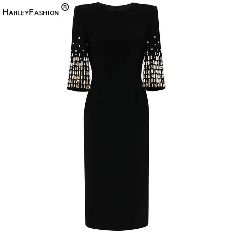 European Style Fine Workmanship Rhinestone Beading Half Sleeve O-neck Women Office Casual Wear Lady Midi Solid Dress
European Style Fine Workmanship Rhinestone Beading Half Sleeve O-neck Women Office Casual Wear Lady Midi Solid Dress