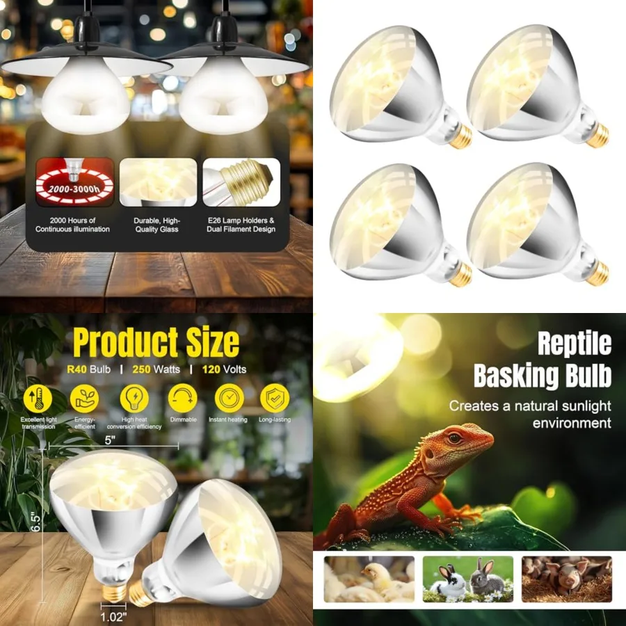 250W R40 Heat Lamp Bulbs 4-Pack,Infra Heat Bulbs, Infra Therapy Bulbs for Bathroom, Sauna, Pets and Chickens, 2, 000 Hour Rated
250W R40 Heat Lamp Bulbs 4-Pack,Infra Heat Bulbs, Infra Therapy Bulbs for Bathroom, Sauna, Pets and Chickens, 2, 000 Hour Rated