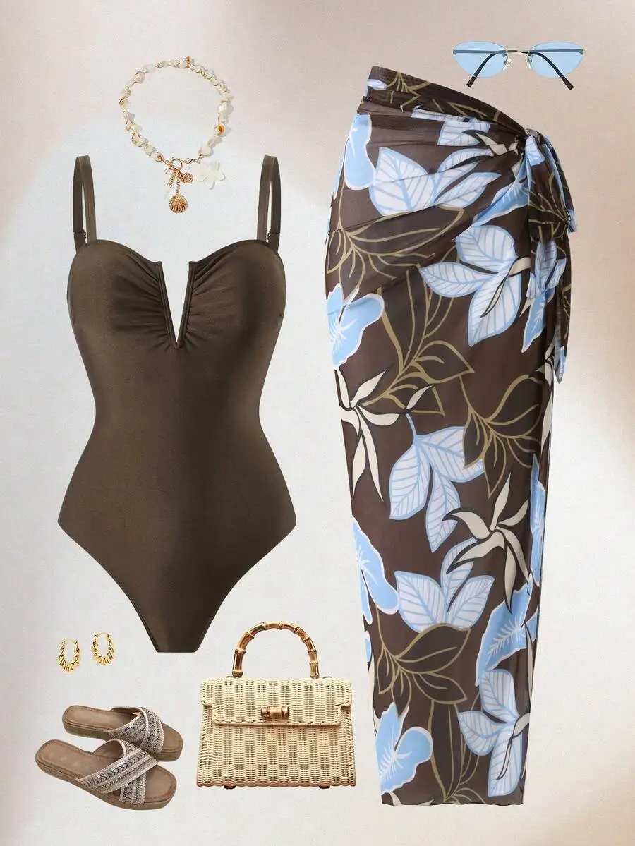 Brown One-Piece Swimsuit With Floral Wrap Skirt Set
Brown One-Piece Swimsuit With Floral Wrap Skirt Set