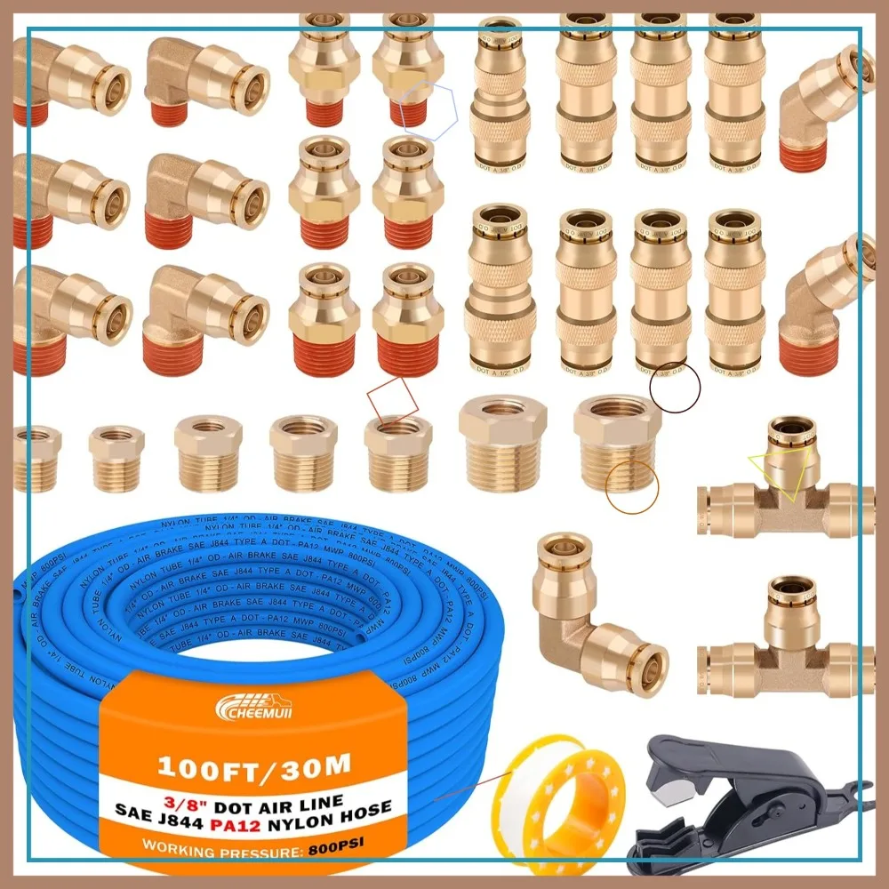 3/8" Brass DOT Air Fittings & 100 FT 3/8" DOT Air Line Kit Quick Connect for Truck Trailer Industrial Systems
3/8" Brass DOT Air Fittings & 100 FT 3/8" DOT Air Line Kit Quick Connect for Truck Trailer Industrial Systems