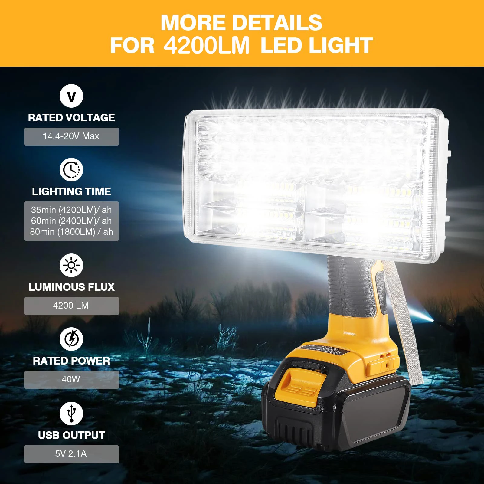 4200LM LED Work Light for Dewalt 20v Battery Handheld Flashlights Spotlight Floodlights Men for Car Repairing Camping Emergency
4200LM LED Work Light for Dewalt 20v Battery Handheld Flashlights Spotlight Floodlights Men for Car Repairing Camping Emergency