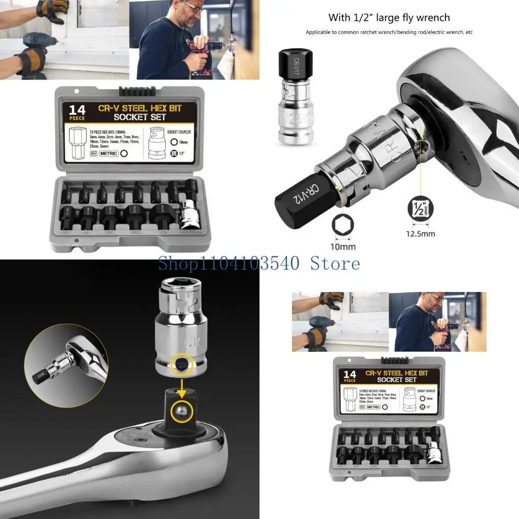 02DC Complete 14Pcs Hex Bit Impact Socket Set Suitable for 1/2"(12.5mm) Ratchet Wrenches and Power Tool Professional Tools
02DC Complete 14Pcs Hex Bit Impact Socket Set Suitable for 1/2"(12.5mm) Ratchet Wrenches and Power Tool Professional Tools