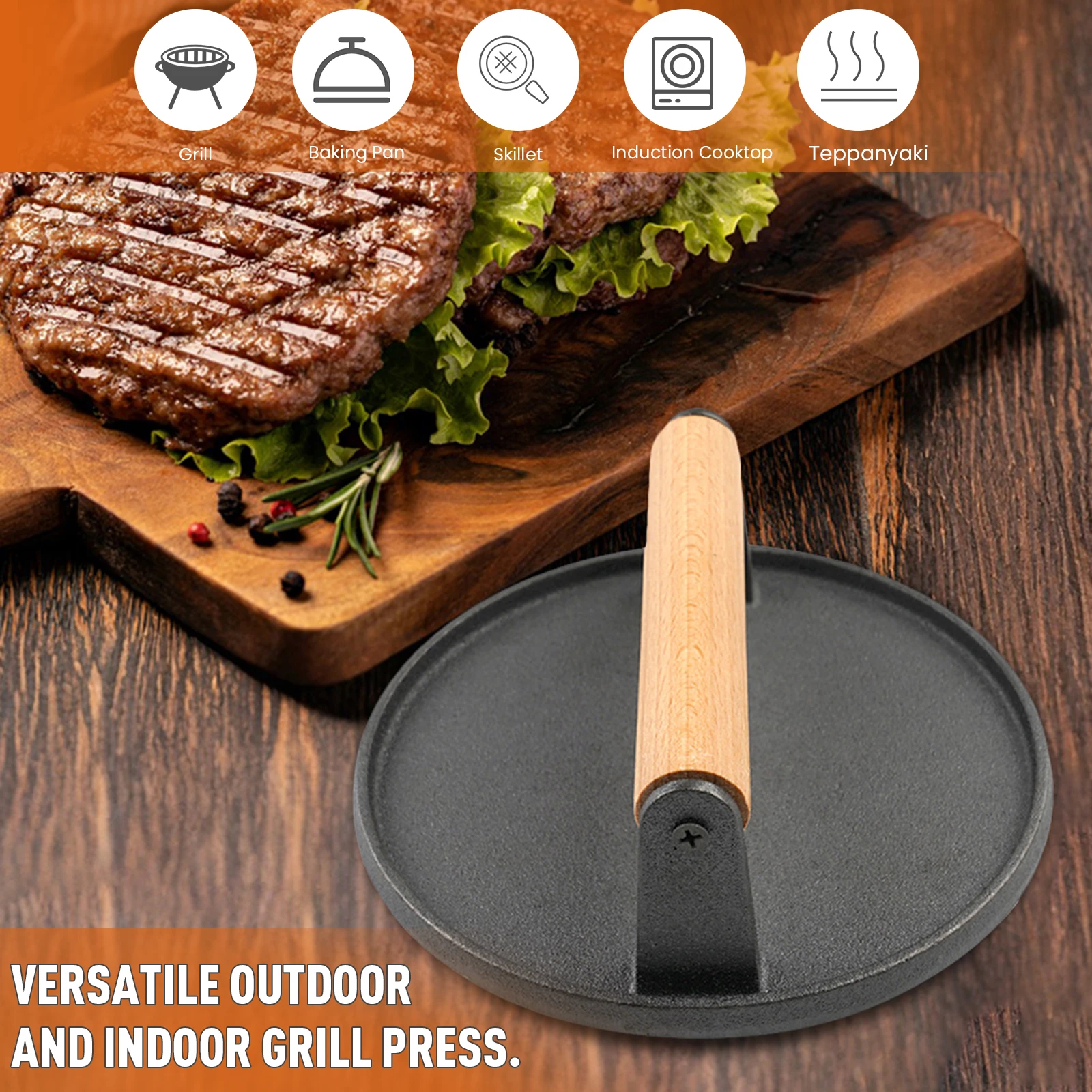 Round Meat Pressing Plate with Wood Handle Pressing Frying Pan Non-Stick Meat Steak Press Board for Griddle Grill Hamburger
Round Meat Pressing Plate with Wood Handle Pressing Frying Pan Non-Stick Meat Steak Press Board for Griddle Grill Hamburger