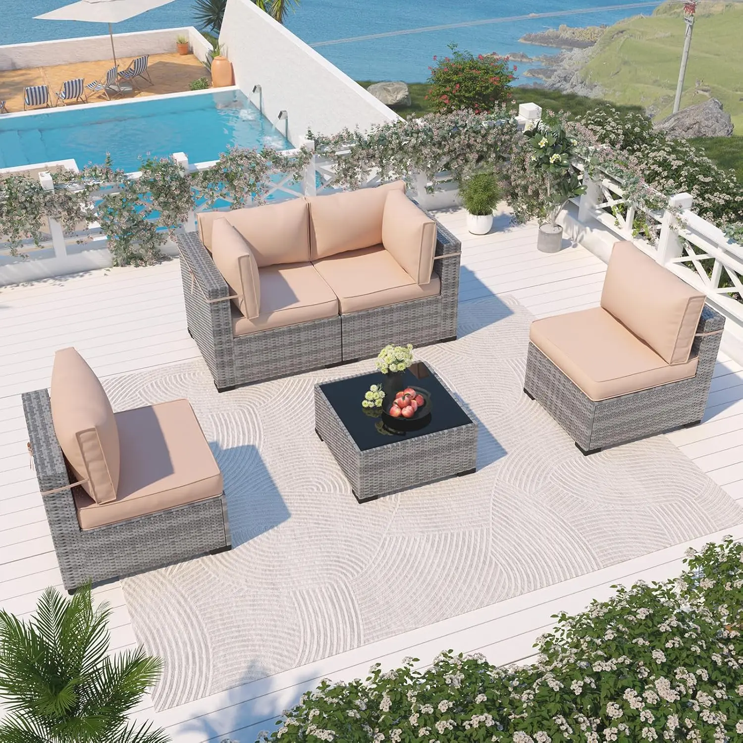 7-Pieces Outdoor Patio Wicker Couch Furniture Set, Sectional Sofa with Cover, Outdoor Patio Set for Porch Furniture (Beige)
7-Pieces Outdoor Patio Wicker Couch Furniture Set, Sectional Sofa with Cover, Outdoor Patio Set for Porch Furniture (Beige)