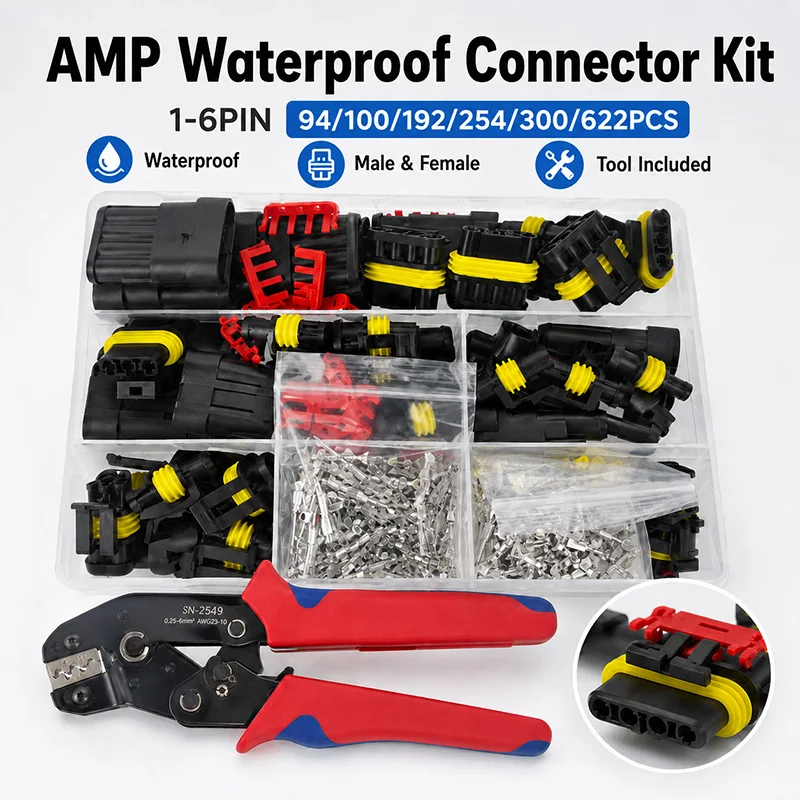 AMP 1.5 Waterproof Auto Wire Connector Set 96-622PCS 1-6 Pin Male Female Plug Socket Terminal Kit With Crimping Pliers
AMP 1.5 Waterproof Auto Wire Connector Set 96-622PCS 1-6 Pin Male Female Plug Socket Terminal Kit With Crimping Pliers