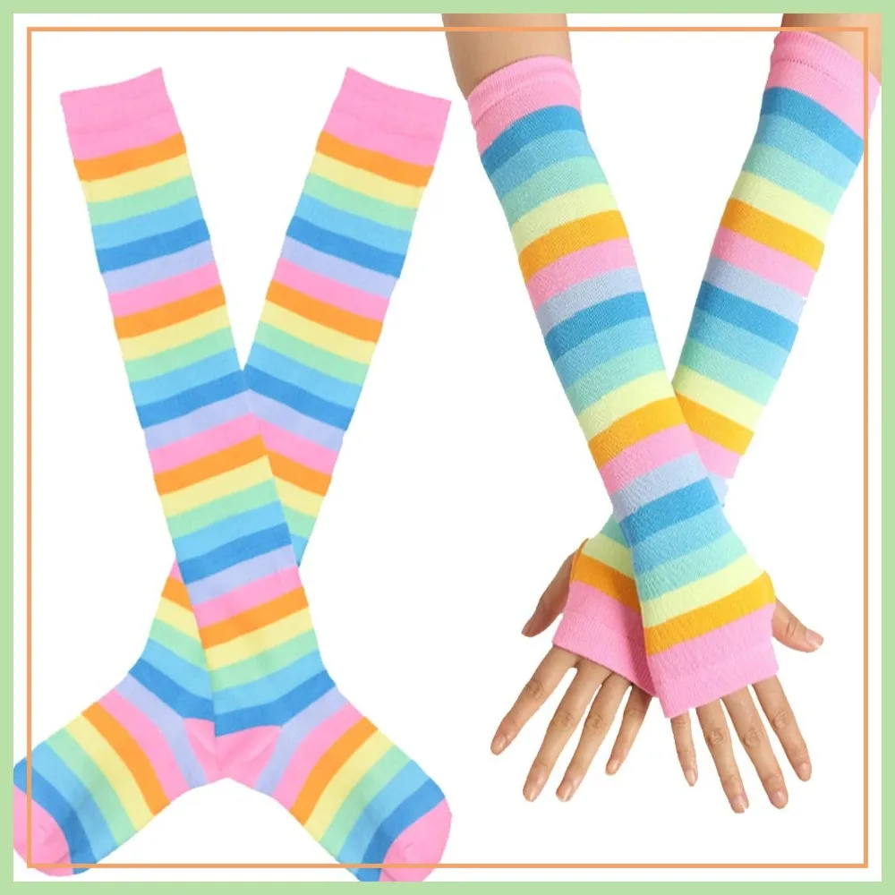 Rainbow Striped Knee High Socks & Arm Warmers & Fingerless Gloves Set for Women
Rainbow Striped Knee High Socks & Arm Warmers & Fingerless Gloves Set for Women