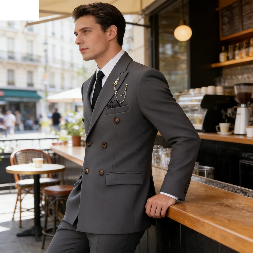 O mais recente terno masculino de cor sólida conjunto de duas peças com gola de lapela e botões duplos para quatro estações, neg
O mais recente terno masculino de cor sólida conjunto de duas peças com gola de lapela e botões duplos para quatro estações, neg