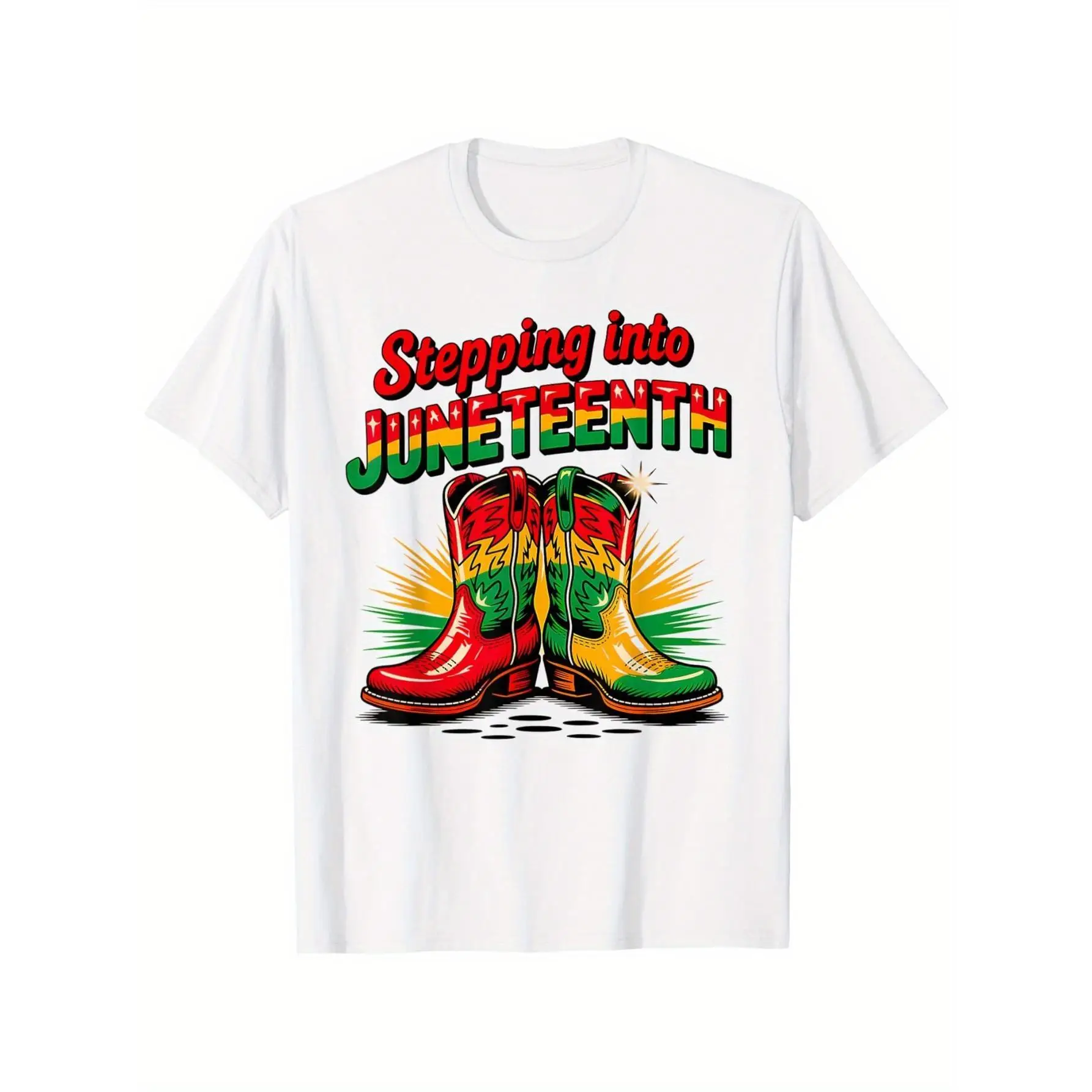 Men's Juneteenth Freedom Celebration T-Shirt - Bold Cowboy Boots Graphic & "Stepping Into Juneteenth" Lettering, Vibrant Red/Yel
Men's Juneteenth Freedom Celebration T-Shirt - Bold Cowboy Boots Graphic & "Stepping Into Juneteenth" Lettering, Vibrant Red/Yel