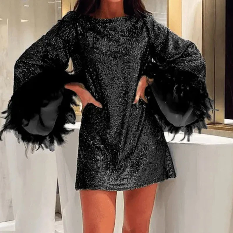 Лоскутное вечернее платье с черными перьями и длинными рукавами, новогоднее женское короткое платье с круглым вырезом и блестящими пайетками, модное мини-платье с высокой талией
Лоскутное вечернее платье с черными перьями и длинными рукавами, новогоднее женское короткое платье с круглым вырезом и блестящими пайетками, модное мини-платье с высокой талией