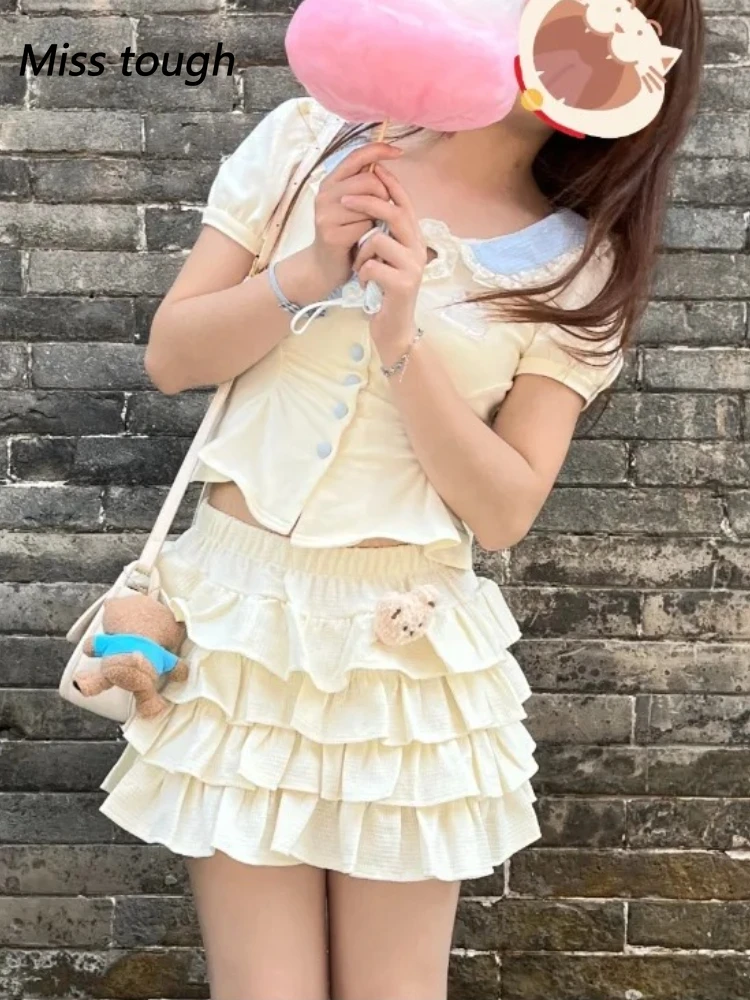 Women Two Piece Set Sweet Lolita Style Short Sleeve Bow Top and Ruffle Mini Skirt White Cute Korean Outfit Summer Matching Suit
Women Two Piece Set Sweet Lolita Style Short Sleeve Bow Top and Ruffle Mini Skirt White Cute Korean Outfit Summer Matching Suit