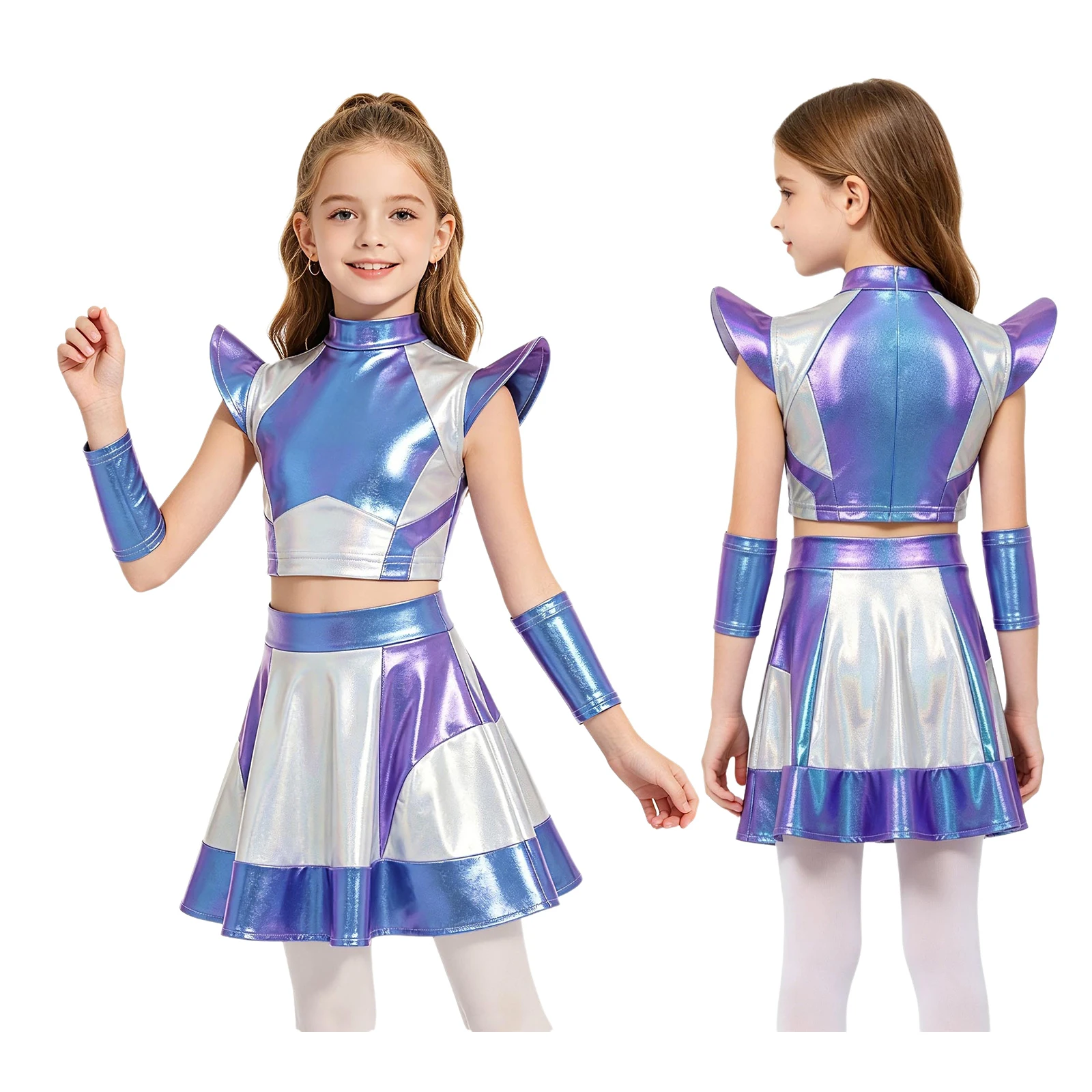 Kids Girls Alien Space Cadet Robot Astronaut Costume Metallic Jazz Dance Outfit Crop Top with Skirt Sleeves for Halloween Party
Kids Girls Alien Space Cadet Robot Astronaut Costume Metallic Jazz Dance Outfit Crop Top with Skirt Sleeves for Halloween Party