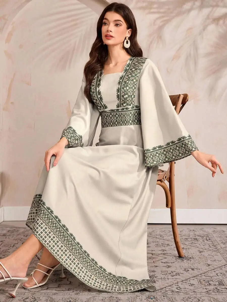 Elegant Arabic Style Kaftan Dress With Floral Embroidery Flare Sleeve Modest Long Gown For Vacation
Elegant Arabic Style Kaftan Dress With Floral Embroidery Flare Sleeve Modest Long Gown For Vacation