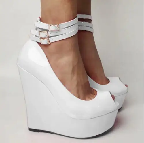 Candy Color White Purple Red Blue Shiny Patent Leather Peep Toe Platform Wedges Sandals Women Shallow Ankle Buckle Strap Pumps
Candy Color White Purple Red Blue Shiny Patent Leather Peep Toe Platform Wedges Sandals Women Shallow Ankle Buckle Strap Pumps