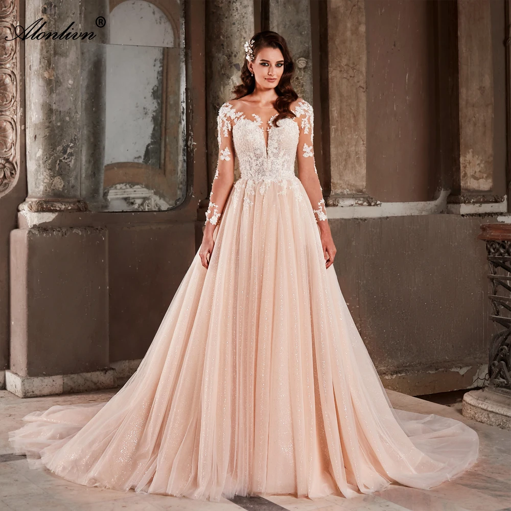 Alonlivn Shiny Tulle Illusion Sweetheart A-Line Wedding Dresses Beading Appliques Lace Full Sleeves Bridal Gowns
Alonlivn Shiny Tulle Illusion Sweetheart A-Line Wedding Dresses Beading Appliques Lace Full Sleeves Bridal Gowns