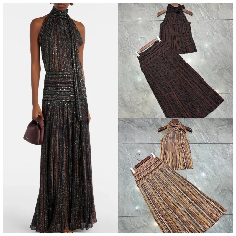 Metallic Colorful Striped Knit Skirt Set Women 2026 New Classic Halter Neck Sleeveless T-Shirt+Slim Versatile Skirt 2-Piece Set
Metallic Colorful Striped Knit Skirt Set Women 2026 New Classic Halter Neck Sleeveless T-Shirt+Slim Versatile Skirt 2-Piece Set