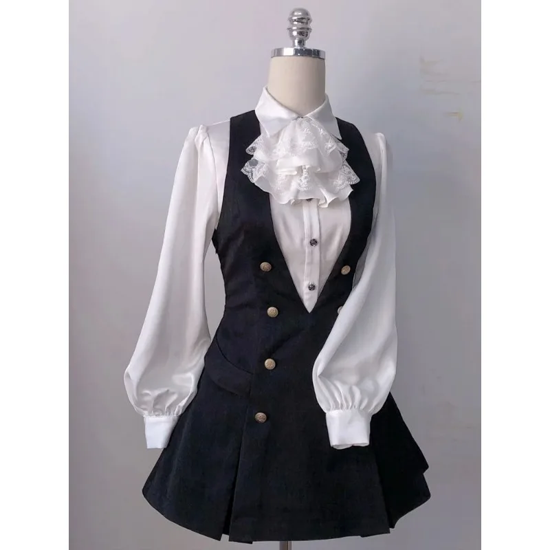 Womens Academy Style Cosplay Set White Lace Blouse And Double Breasted Dress Two Piece
Womens Academy Style Cosplay Set White Lace Blouse And Double Breasted Dress Two Piece