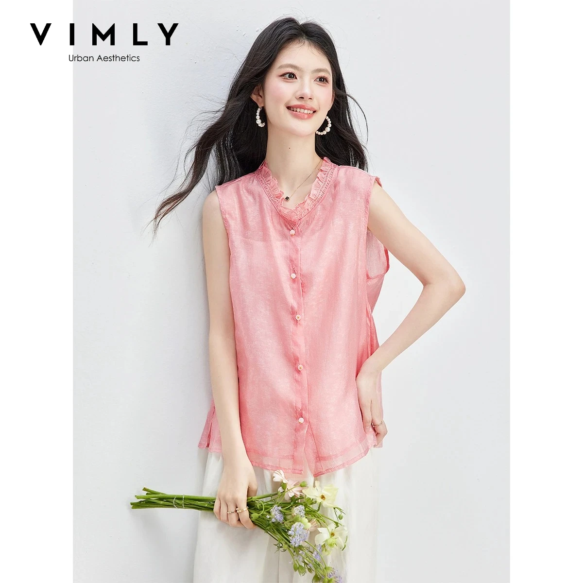 VIMLY French Ruffle Collar Pink Sleeveless Shirt for Women 2026 Summer Elegant Pearl Button Textured Casual Loose Blouse 31213
VIMLY French Ruffle Collar Pink Sleeveless Shirt for Women 2026 Summer Elegant Pearl Button Textured Casual Loose Blouse 31213