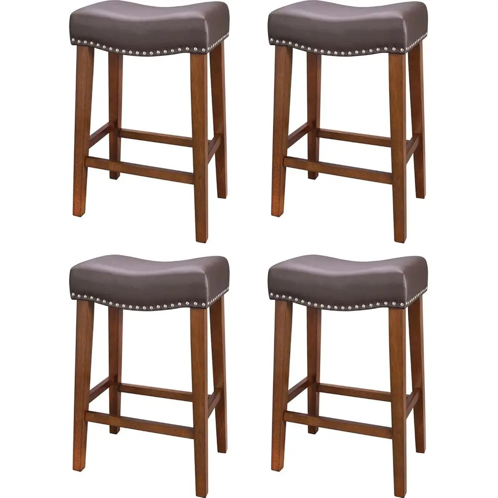 Set of 4 Counter Height Bar Stools, 26 Inch Back, 4.3 Thick Upholstered Seat, Nail-Trimmed Leather, Solid Wood Legs, Brown
Set of 4 Counter Height Bar Stools, 26 Inch Back, 4.3 Thick Upholstered Seat, Nail-Trimmed Leather, Solid Wood Legs, Brown