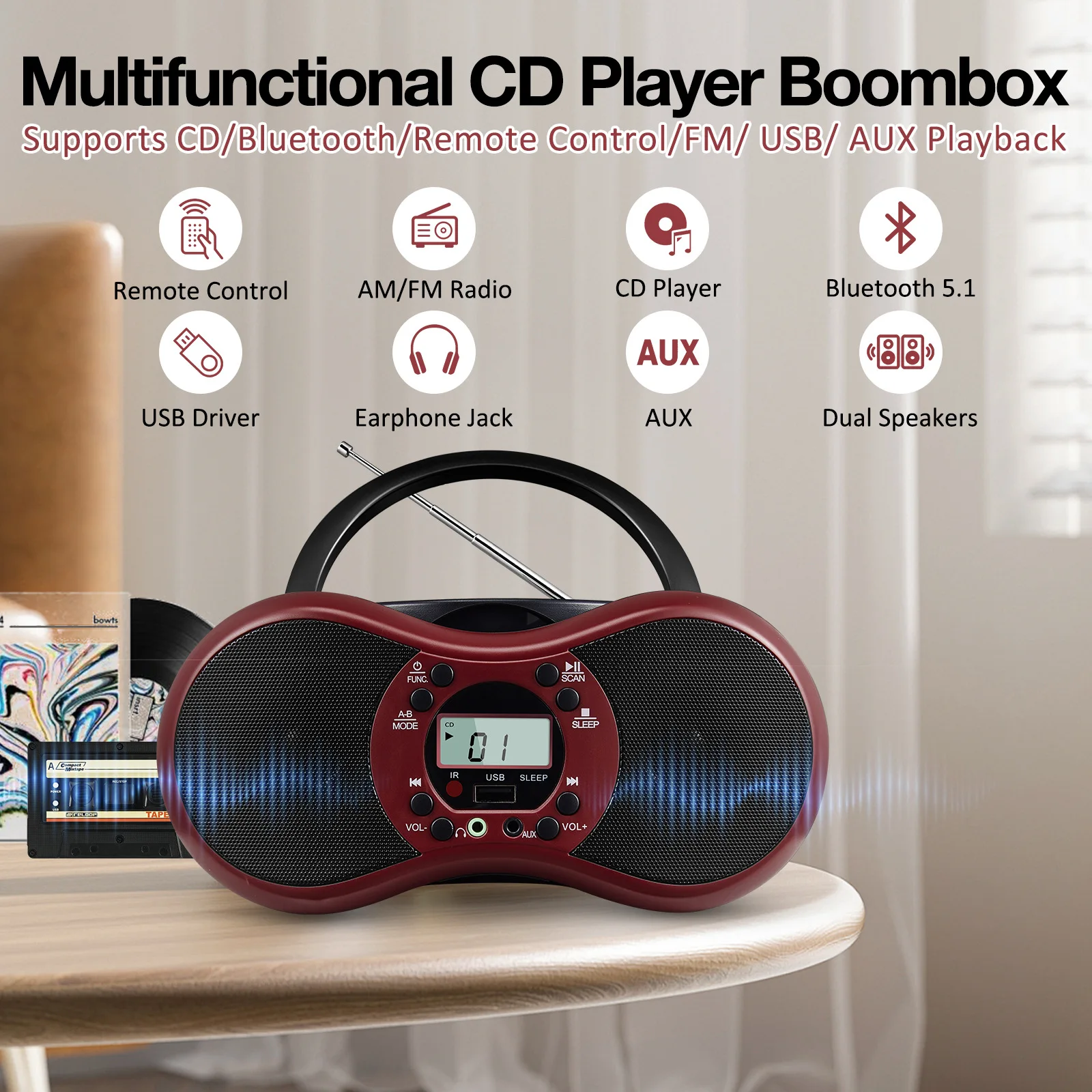 Portable CD Player Boombox with Bluetooth, FM Radio, USB & AUX Input, Dual Stereo Speakers, Remote Control, AC/Battery Powered
Portable CD Player Boombox with Bluetooth, FM Radio, USB & AUX Input, Dual Stereo Speakers, Remote Control, AC/Battery Powered