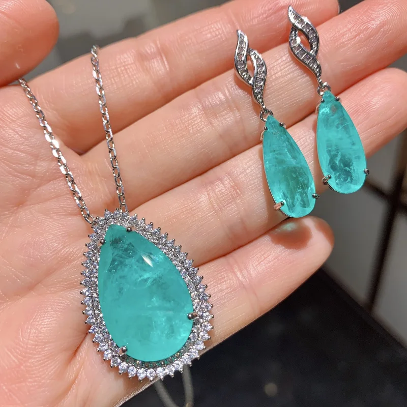 European and American style Paraiba pendant necklace and earrings jewelry set, water drop pendant earrings for women
European and American style Paraiba pendant necklace and earrings jewelry set, water drop pendant earrings for women