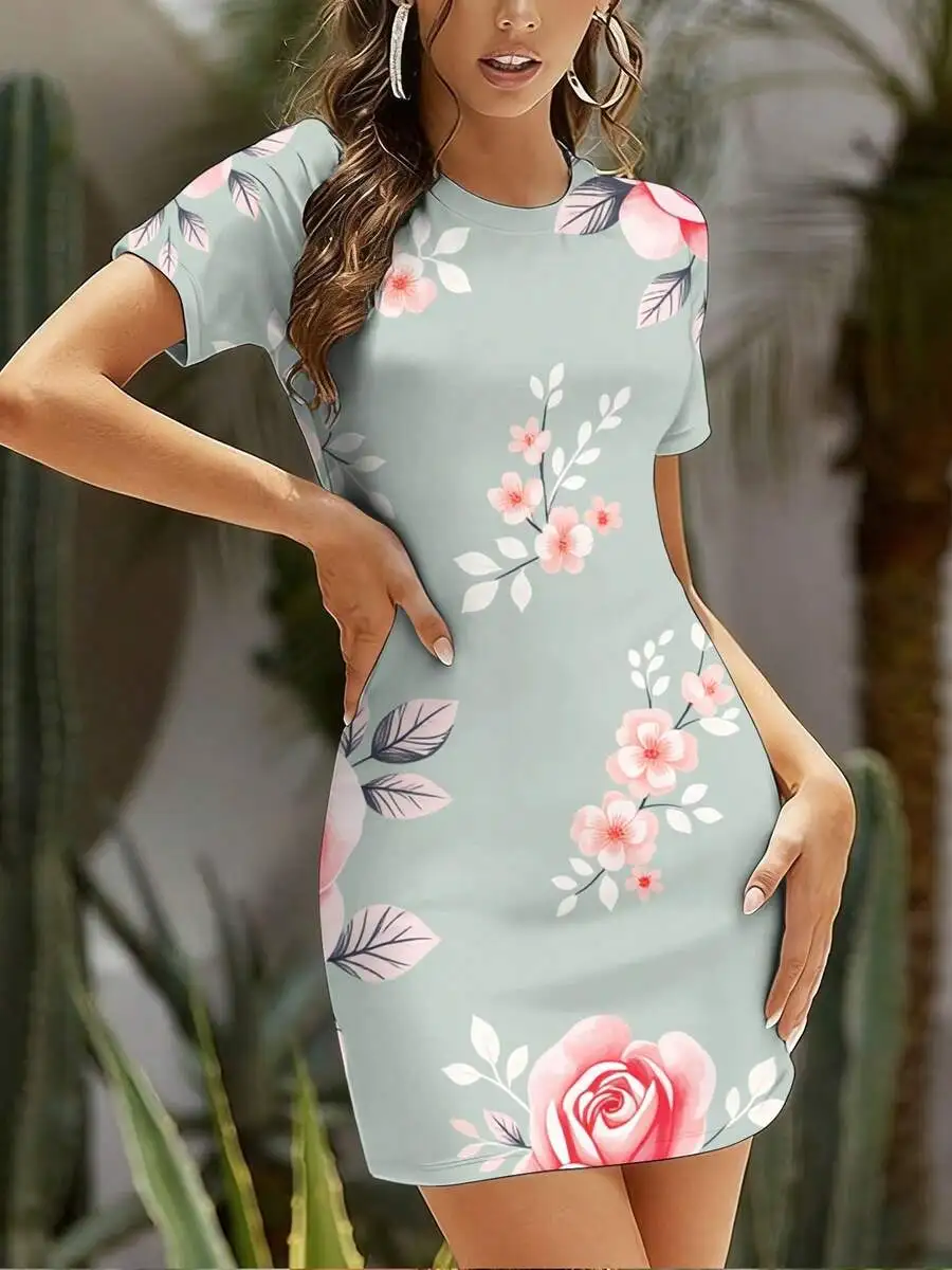 Floral Print Short Sleeve Fitted Dress Round Neck Rose Pattern Summer Beach Vacation Womens Dress
Floral Print Short Sleeve Fitted Dress Round Neck Rose Pattern Summer Beach Vacation Womens Dress